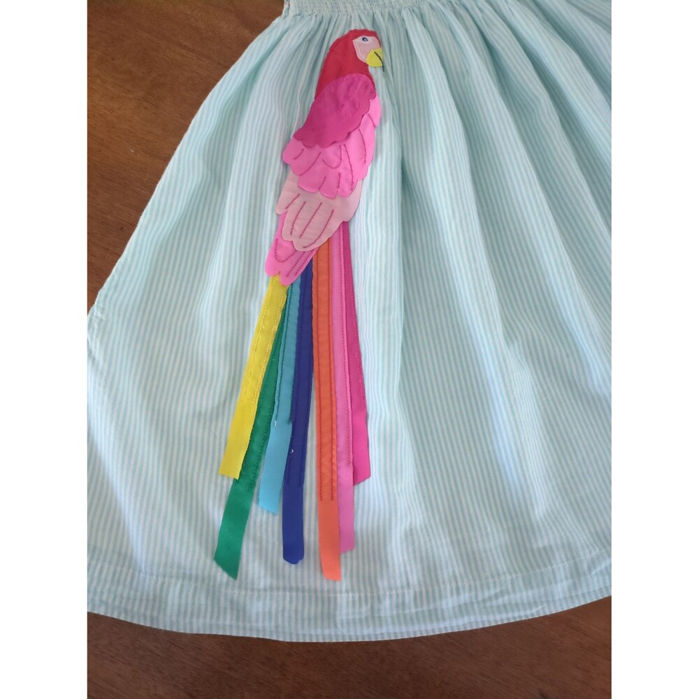 Mini Boden Girls Fun Appliqué Sun Dress Aqua Blue Ticking Parrot size 7/8 GUC - Picture 2 of 10